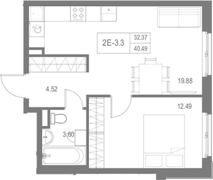 1-комнатная квартира 40.49 м², 13/17 эт., Комплекс апартаментов «Zoom на Неве»